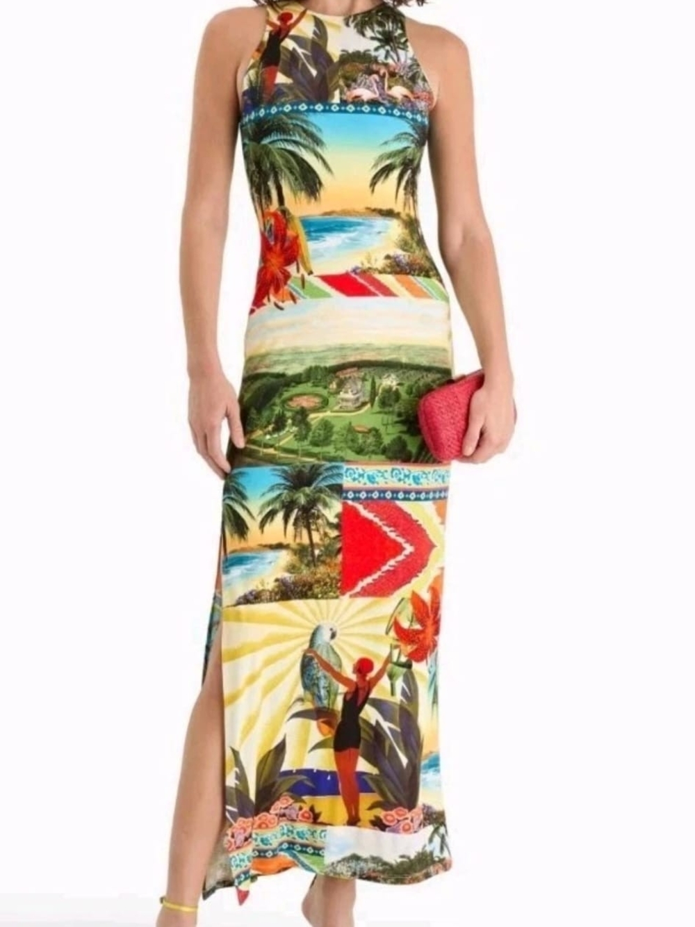 Alice + Olivia Tropical Multi-Color Halter Maxi Dress with Side Slit